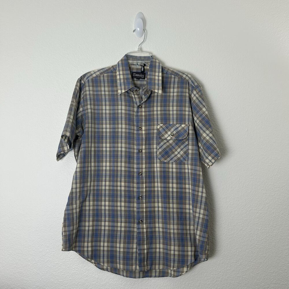 VTG TOWNSLEY Mens Shirt Top Large Button-Down Plaid Short Sleever